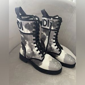 New Fendi FF Logo Embroidered White Black Canvas Zip Combat Boots 36.5 6.5 $1100